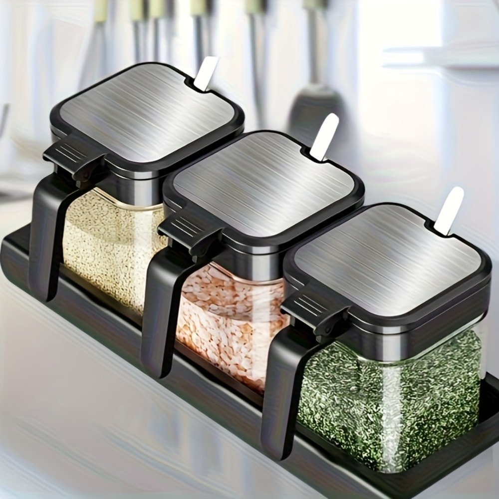 3pcs Glass Spice Jars with Spo - Korean Kitchen Gadgets 评论和价格