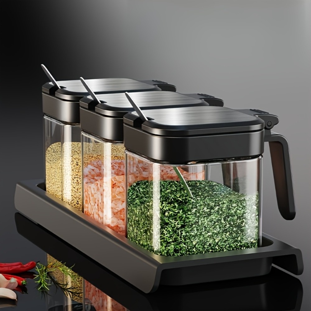 3pcs Glass Spice Jars with Spo - Korean Kitchen Gadgets 评论和价格
